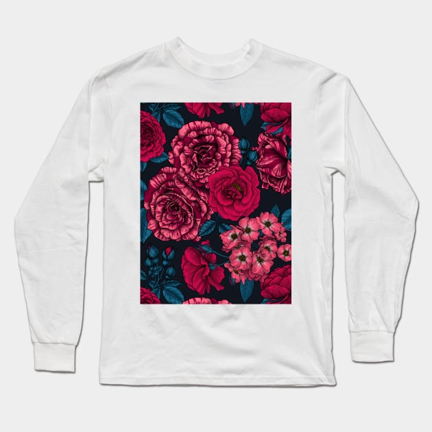 Pink, red and bi-color roses with blue leaves on black Long Sleeve T-Shirt by katerinamk